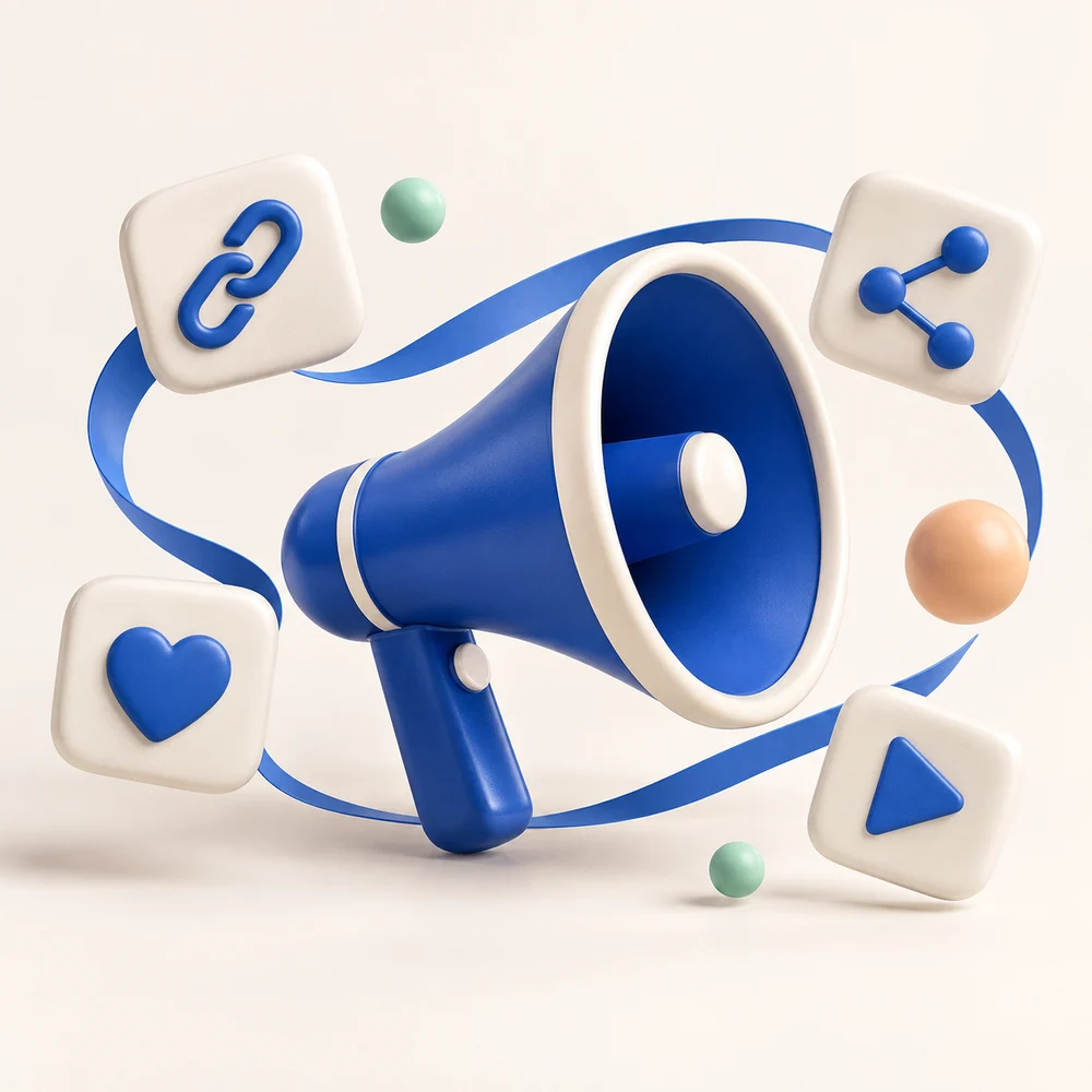 Blue megaphone surrounded by link, sharing and social content symbols